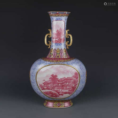A Chinese Famille Rose Cramine Landscape Porcelain Vase