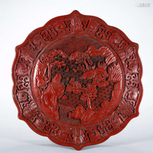 A Chinese Carved Red lacquerware Copper Plate
