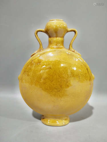 A Chinese Yellow Glaze Floral Carved Porcelain Oblate Vase