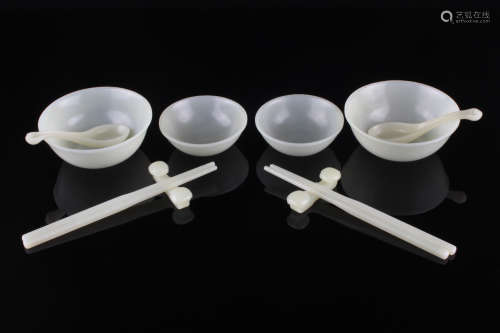A Set of Chinese Hetian Jade Tableware