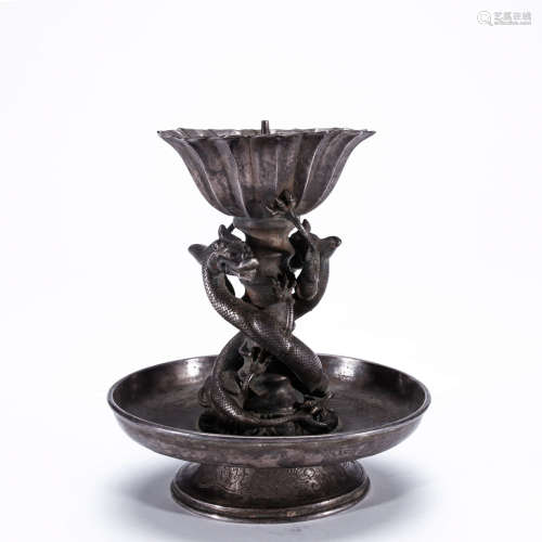 A Chinese Dragon Pattern Silver Candlestick
