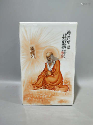 A Chinese Arhat Painted Porcelain Square Brush Pot