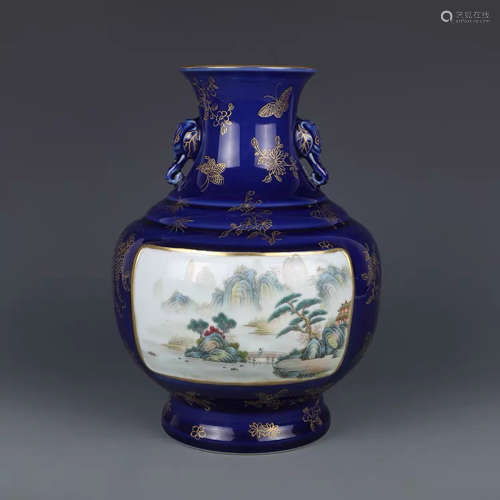 A Chinese Altar Blue Glaze Landscape Porcelain Zun