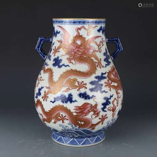 A Chinese Blue and white Famille Rose Dragon Pattern Porcelain Zun