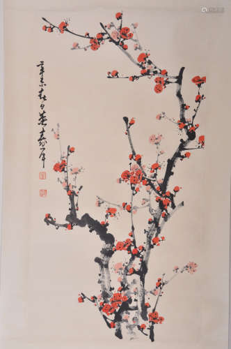 A Chinese Plum Blossom Painting Scroll, Dong Shouping Mark