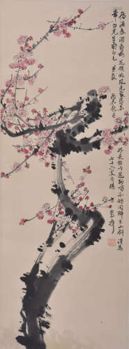 A Chinese Plum Blossom Painting Scroll, Chen Zifen Mark