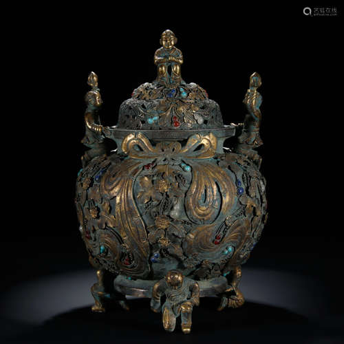 A Chinese Gem Inlaid Gild Bronze Three-legged Censer