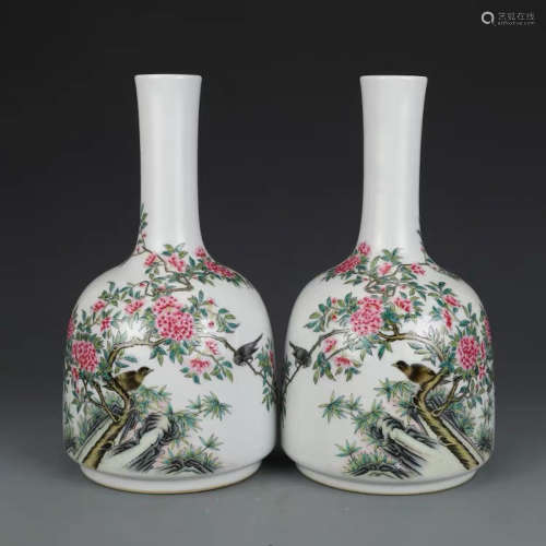 A Pair of Chinese Royal Kiln Enamel Flower&Bird Pattern Porcelain Zun