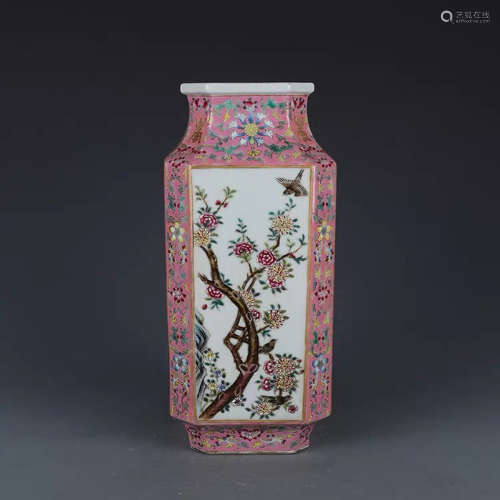 A Chinese Famille Rose Flower&Bird Pattern Porcelain Square Vase