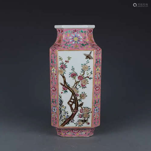 A Chinese Famille Rose Flower&Bird Pattern Porcelain Square Vase