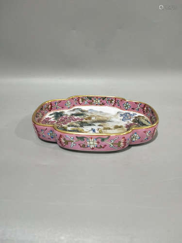 A Chinese Famille Rose Landscape Porcelain Brush Washer