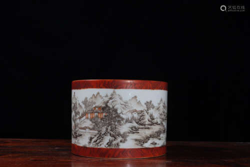 A Chinese Wood Grain Glaze Landscape Porcelain Brush Pot