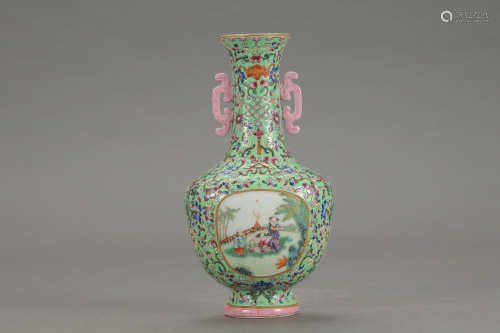 A Chinese Famille Rose Porcelain Double Ears Hanging Vase