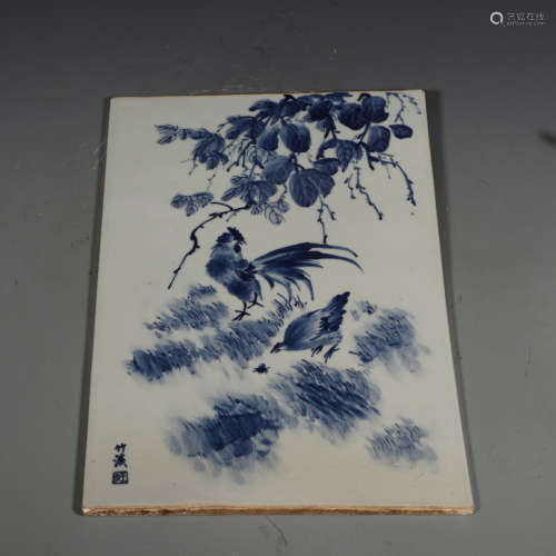 A Chinese Blue and White Cock Painted Porcelain Plate Painting