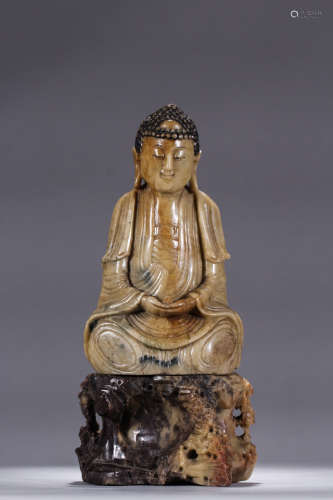 A Chinese Qingtian Stone Carved Statue of Amitayus Buddha