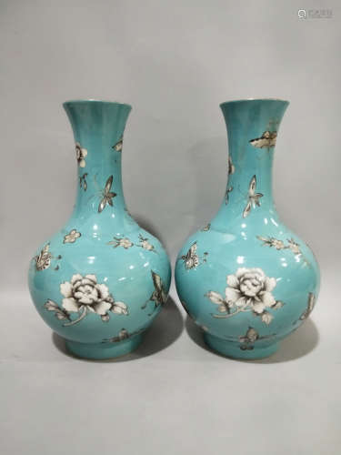 A Pair of Chinese Ink Colored Dloral Porcelain Vase