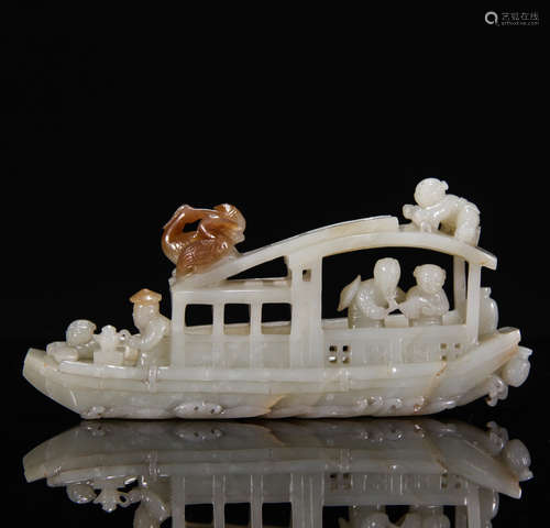 A Chinese White Jade Piercing Boat Ornament