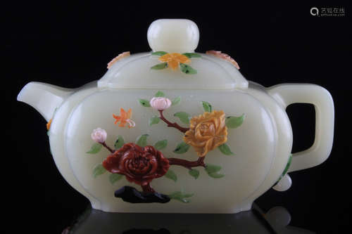 A Chinese Gem Inlaid Hetian Jade Teapot