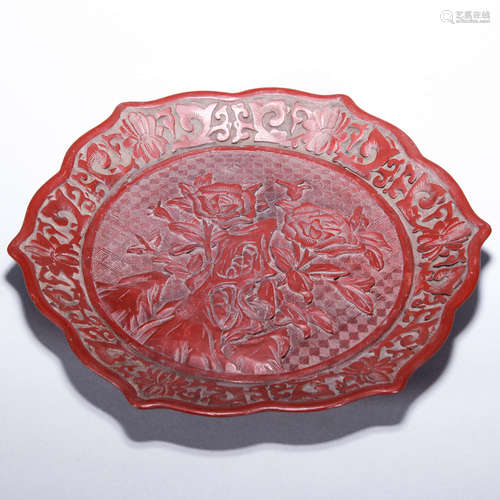 A Chinese Carved Red lacquerware Hexagon Plate