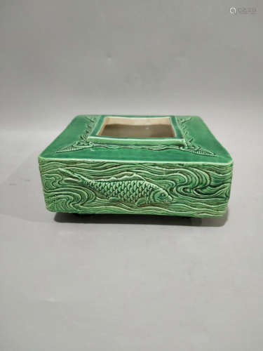 A Chinese Green Glazed Carved Porcelain Square Brush Washer