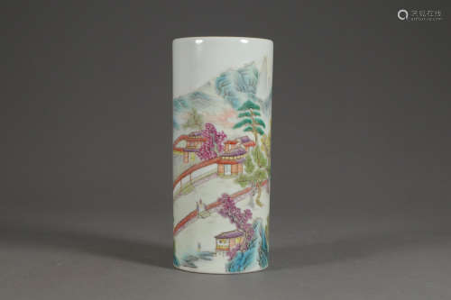 A Chinese Famille Rose Landscape Porcelain Brush Pot