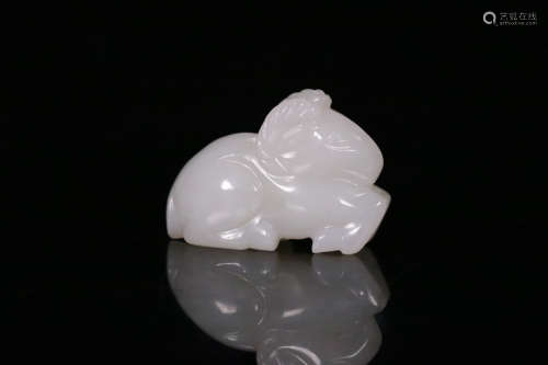A Chinese Carved Hetian Jade Sheep Ornament