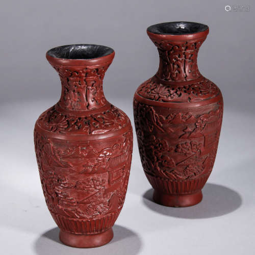 A Pair of Chinese carved red lacquer ware Landscape Vase