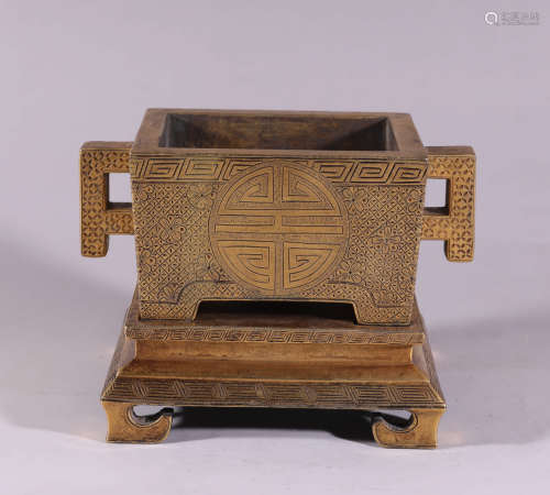A Chinese Gild Copper Double Ears Square Censer