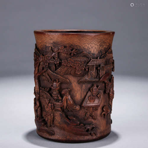 A Chinese Bamboo Carved Figure Pattern Brush Pot