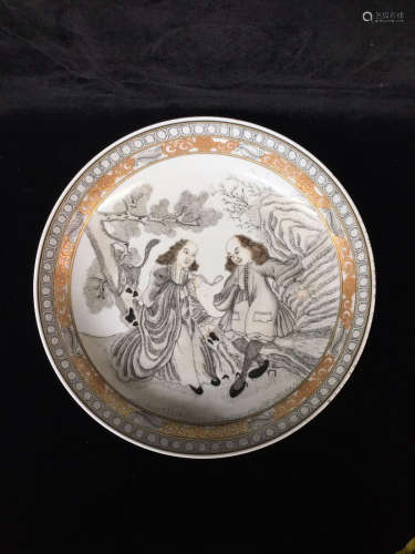 A Chinese Ink Colored Gild Figure Painted Porcelain Plate