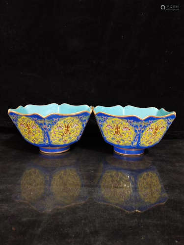 A Pair of Chinese Enamel Floral Porcelain Hexagon Bowl