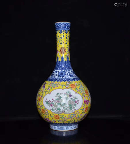 A Chinese Blue and White Enamel Floral Porcelain Flask