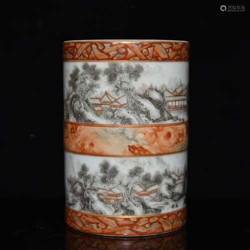 A Chinese Landscape Painted Porcelain Brush Pot