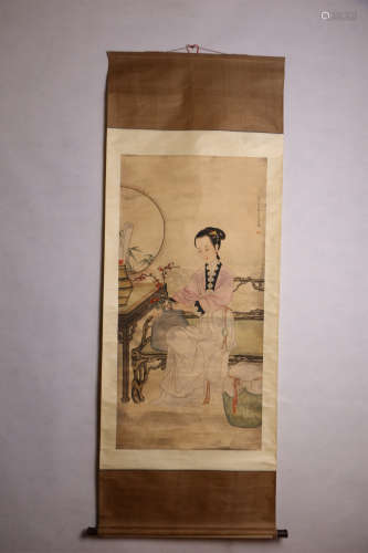 A Chinese Figure Painting Scroll, Gai Qi Mark