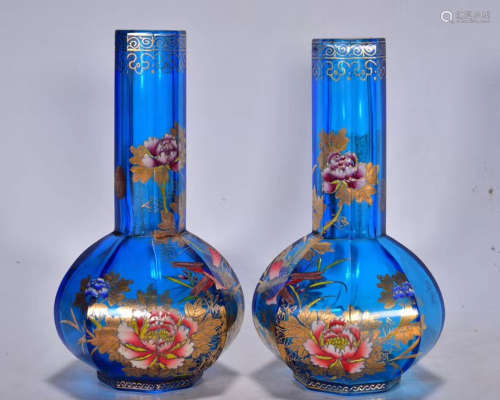 A Chinese Royal Blue Gild Flower&Bird Pattern Porcelain Hexagon Vase