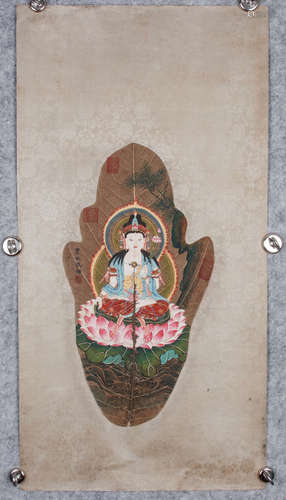 A Chinese Budhi Leaf colored drawing Guanyin Painting