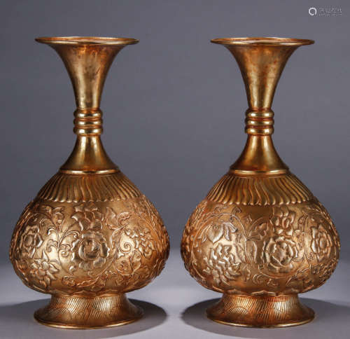 A Pair of Chinese Flower Carved Gild Silver Vase