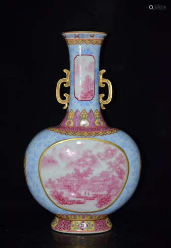 A Chinese Carmine Gild Landscape Porcelain Oblate Vase