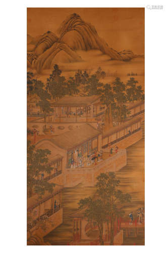 A Chinese Landscape Painting Silk Scroll, Lang Shining Mark