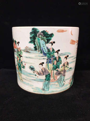 A Chinese Multi Colored Figure Painted Porcelain Brush Pot