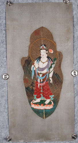 A Chinese Bodhi Leaf colored drawing Guanyin Painting