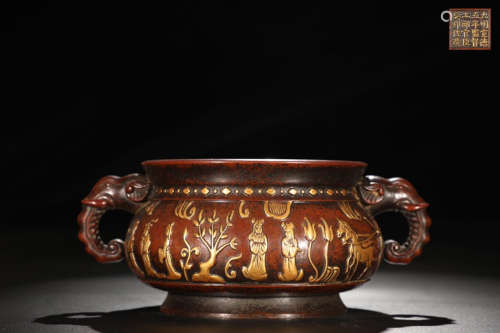 A Chinese Figure Pattern Gild Copper Incense Burner