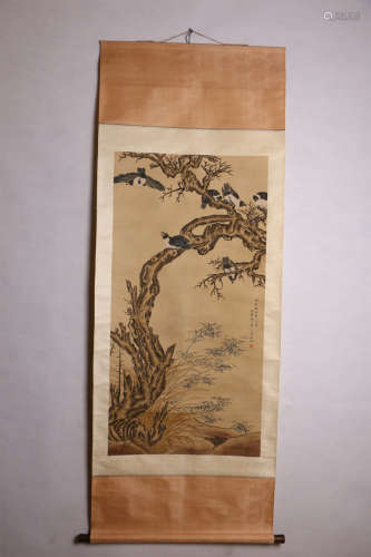 A Chinese Flower and Bird Painting Scroll, Bian Jingzhao Mark