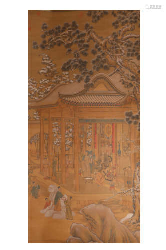 A Chinese Painting Silk Scroll, Lang Shining Mark