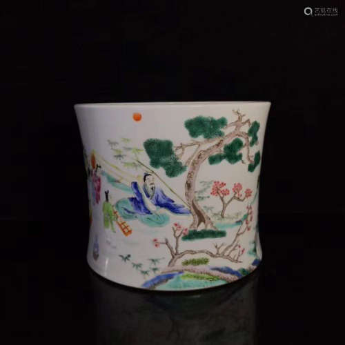 A Chinese Multi Colord Figure Painted Porcelain Brush Pot