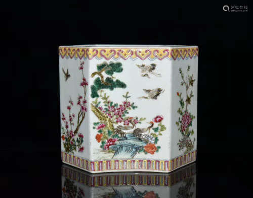 A Chinese Famille Rose Floral Porcelain Hexagon Brush Pot