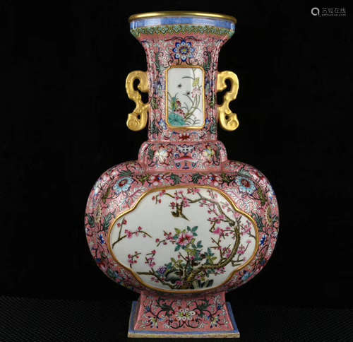 A Chinese Enamel Gild Flower&Bird Pattern Porcelain Oblate Vase