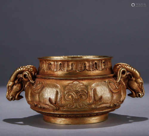 A Chinese Gild Copper Double Ears Censer