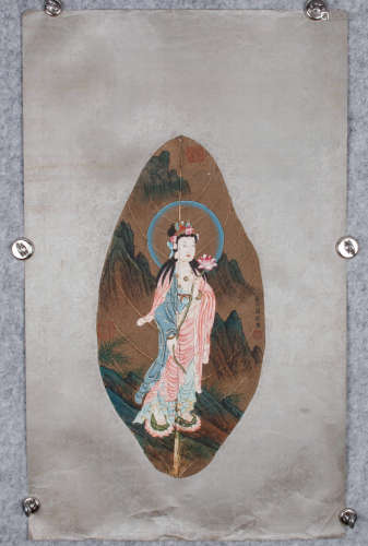 A Chinese Bodhi Leaf colored drawing Guanyin Painting
