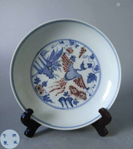 A BLUE&WHITE GLAZE PLATE WITH CRANE PATTERN